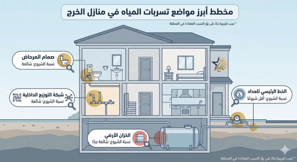 أبرز مواضع تسربات المياه في منازل الخرج - شركة كشف تسربات المياه بالخرج نجم الصيانة

