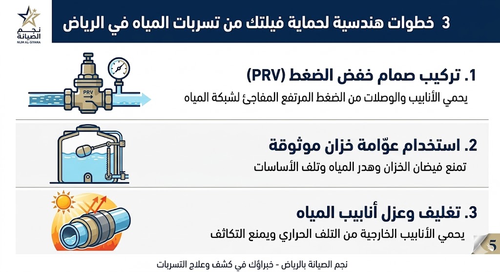 وقاية تسربات المياه في الرياض - نصائح هندسية من نجم الصيانة لحماية الفيلا