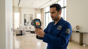 مهندس متخصص من فريق نجم الصيانة يستخدم الكاميرا الحرارية أثناء كشف تسربات المياه بالرياض بدون تكسير وبدقة هندسية عالية