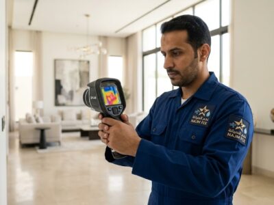 مهندس متخصص من فريق نجم الصيانة يستخدم الكاميرا الحرارية أثناء كشف تسربات المياه بالرياض بدون تكسير وبدقة هندسية عالية