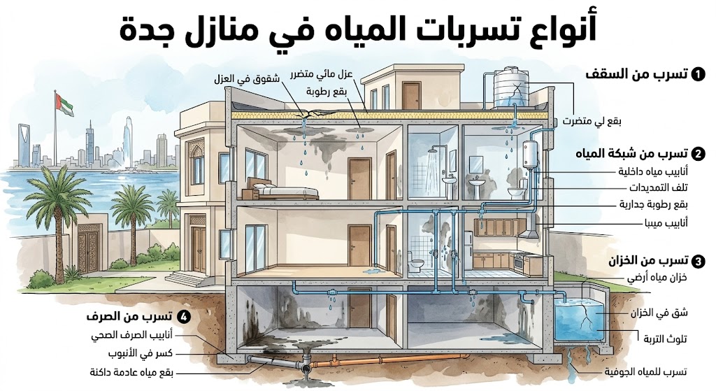 أنواع تسربات المياه في منازل جدة