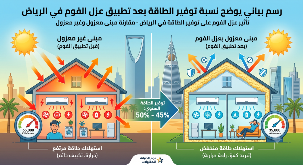 تأثير عزل الفوم على توفير الطاقة في الرياض - مقارنة مبنى معزول وغير معزول