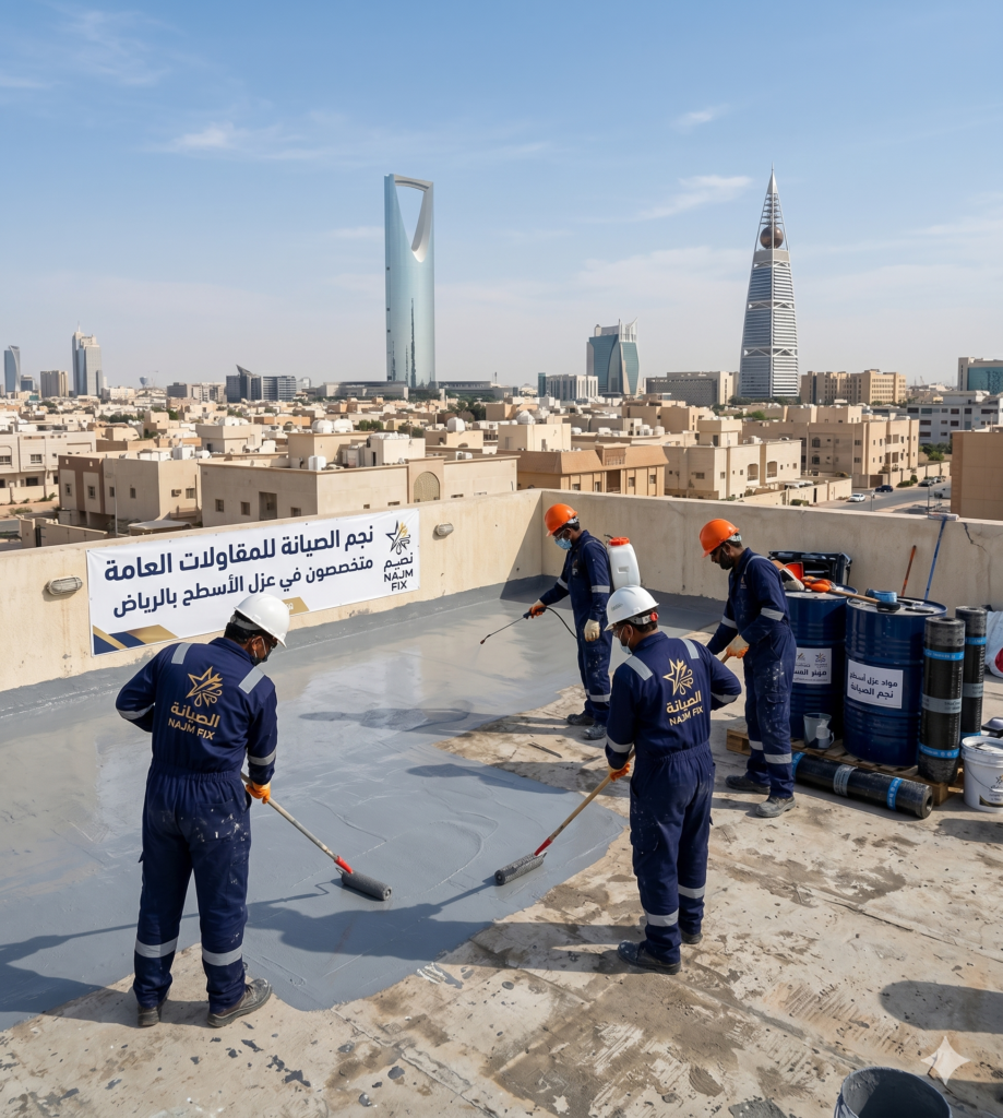 عزل اسطح بالرياض - نجم الصيانة للمقاولات العامةفريق نجم الصيانة أثناء تنفيذ أعمال عزل سطح في الرياض