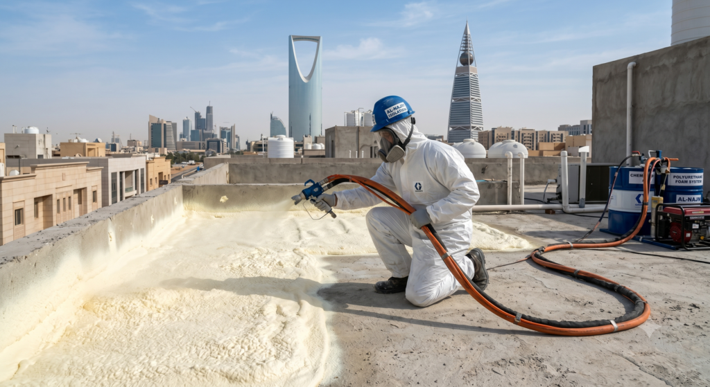 عزل فوم احترافي بالرياض - تطبيق طبقة الفوم بخاخ على السطح
